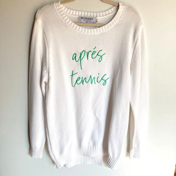 NWT Runway Athletics Womens XL White Apres Tennis Embroidered Knit Sweater Prep - Picture 2 of 10